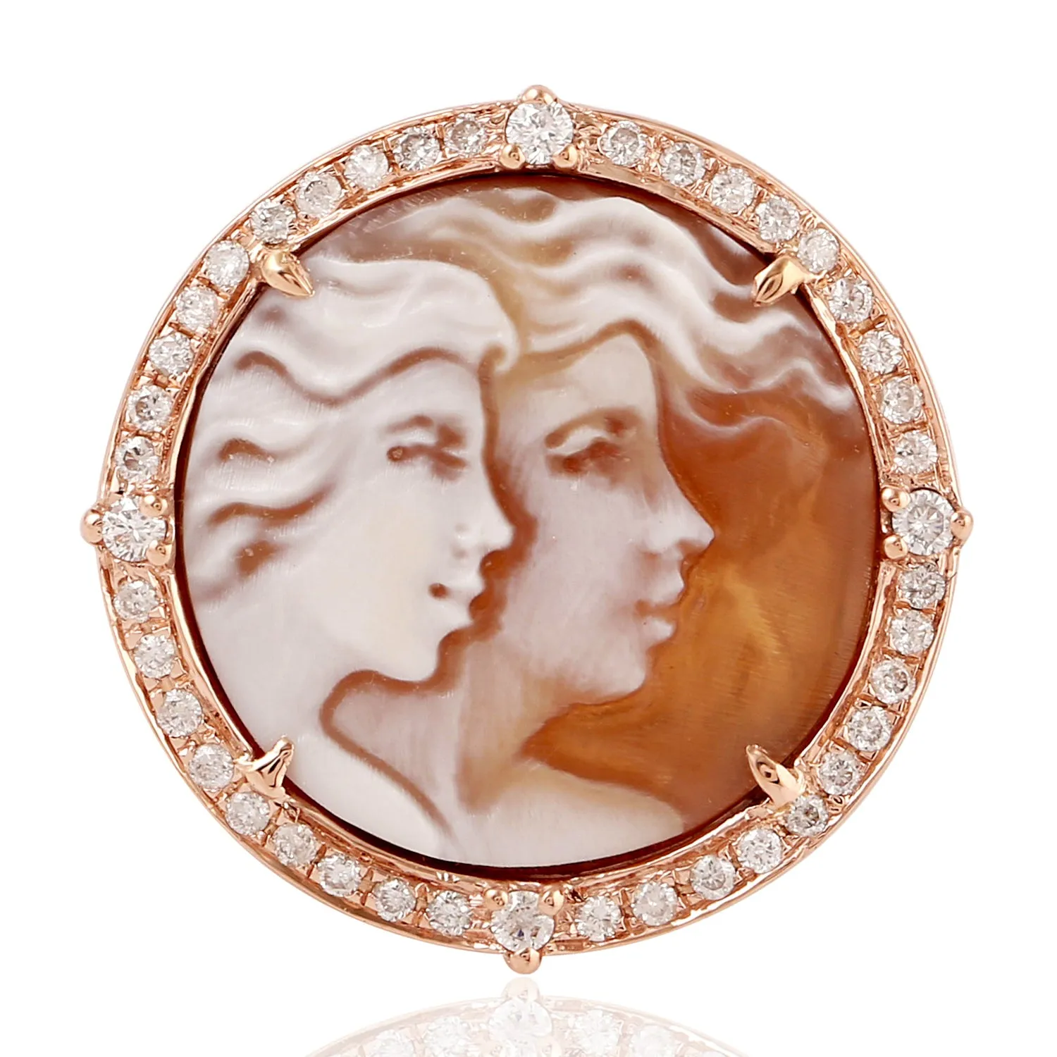 18k Rose Gold Shell Cameo Pave Diamond Cocktail Ring Handmade Jewelry