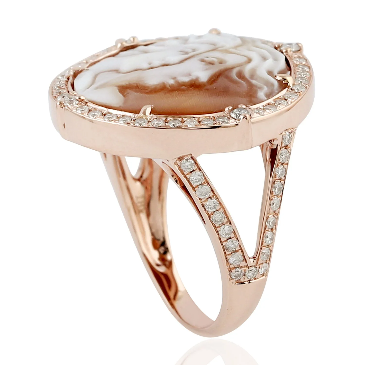18k Rose Gold Shell Cameo Pave Diamond Cocktail Ring Handmade Jewelry