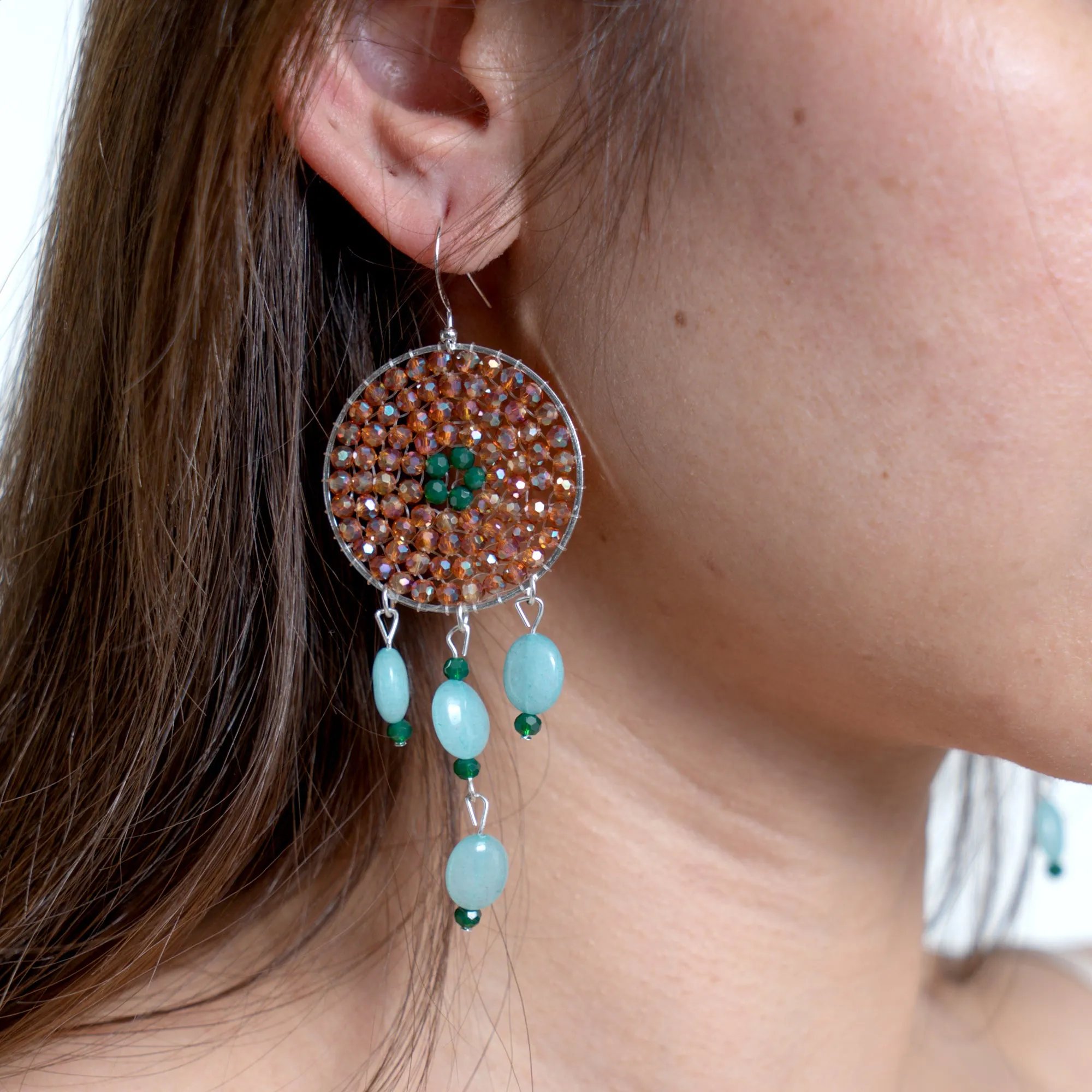 Circle Beaded Stones Earrings in Brown