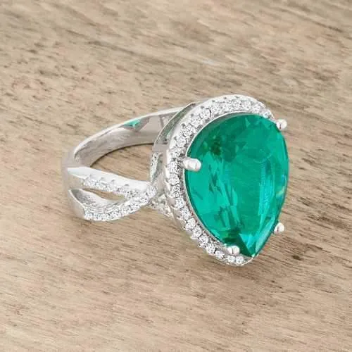 Laura 9.9ct Blue Green CZ Rhodium Classic Teardrop Ring