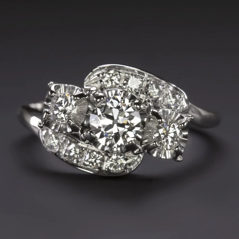 VINTAGE F VS OLD EUROPEAN CUT DIAMOND 18k COCKTAIL RING BYPASS WHITE GOLD ESTATE