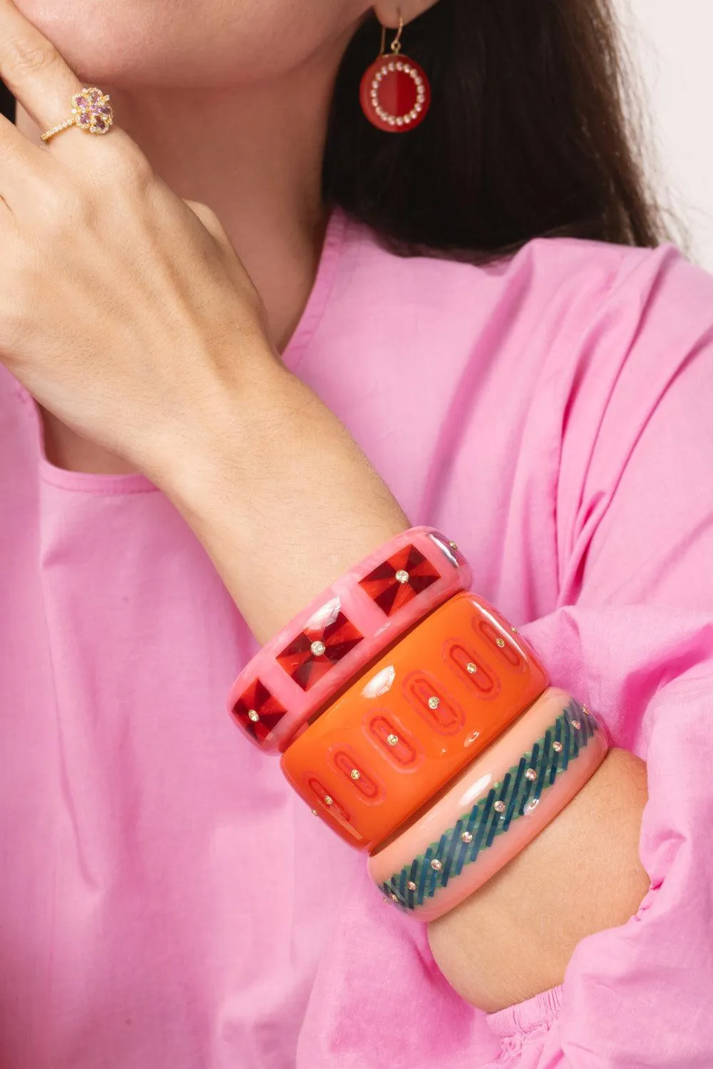 White Topaz Pink Red Bakelite Bangle